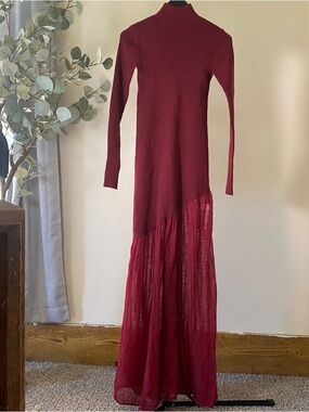 Commense Long-Sleeve Ribbed Maxi Dress in Wine